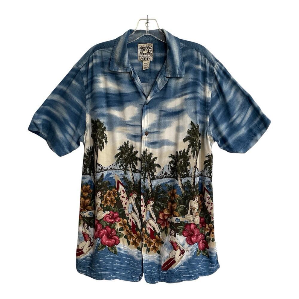 Steve & Barrys Classic Hawaiian Button Front Rayon Pocket Shirt Medium Blue Tiki